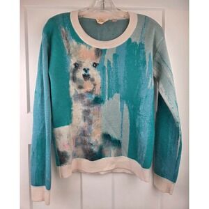 Anthropologie Lauren Teal and Cream Crew Neck Sweater Small